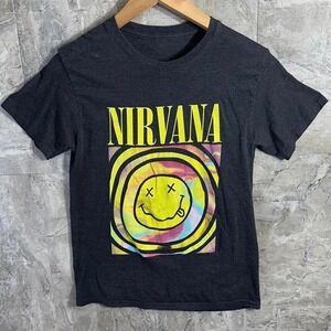 Nirvana black graphic tee with smiley face design Woman's Size Small  #rock
